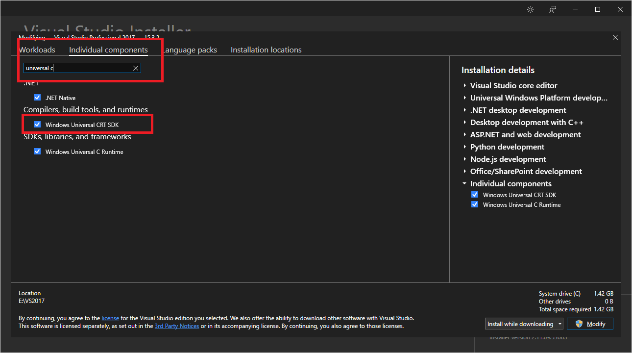 Visual Studio Installer Individual Components